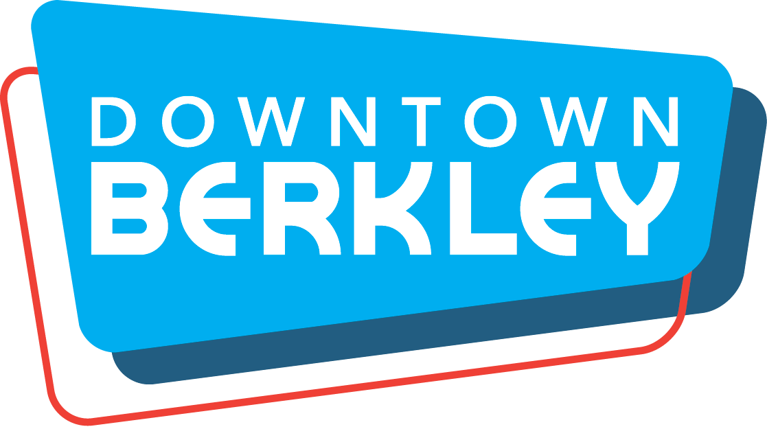 Downtown Berkley logo, blue with red outline.