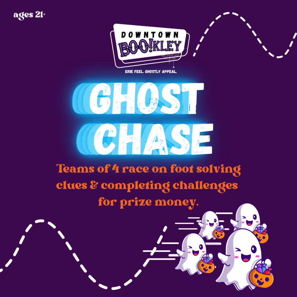Ghost-themed team race solving clues for prizes.