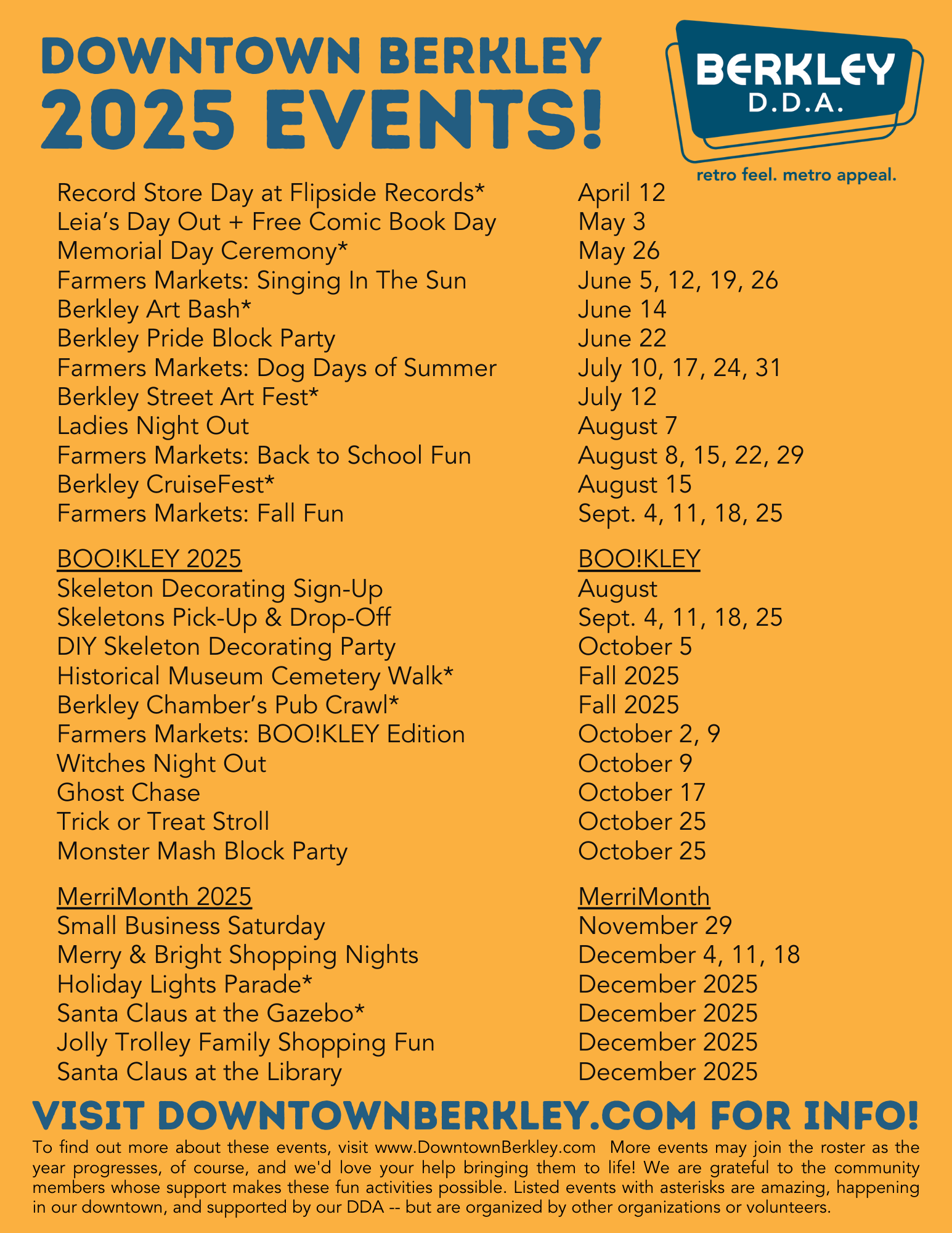 Downtown Berkley 2025 event list and dates.