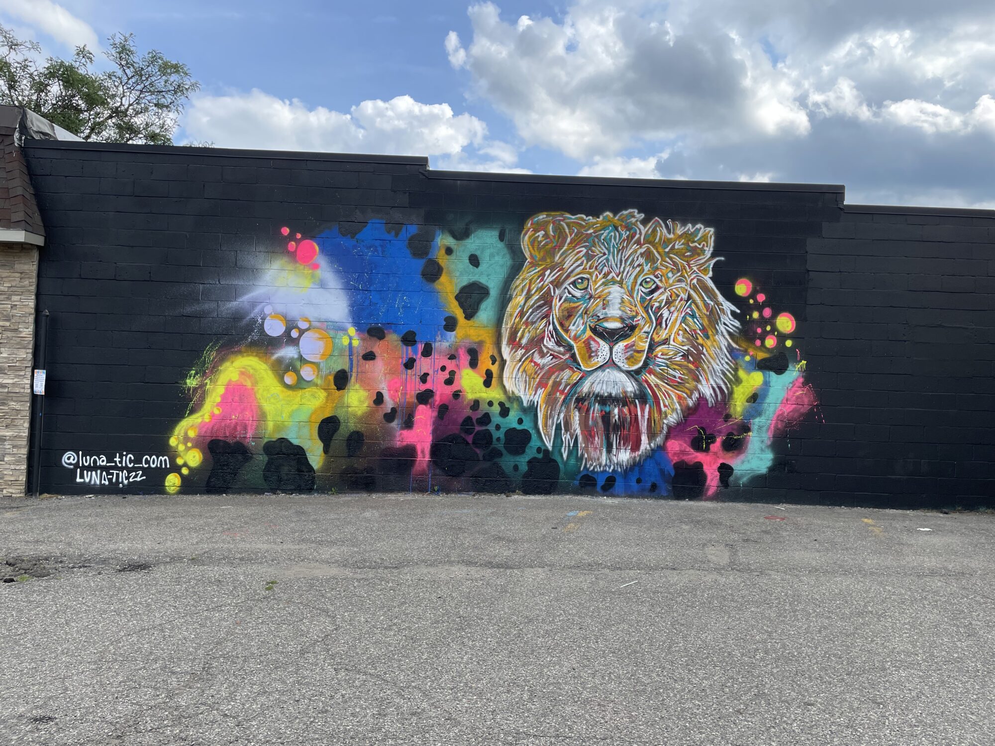 Colorful lion mural on a brick wall