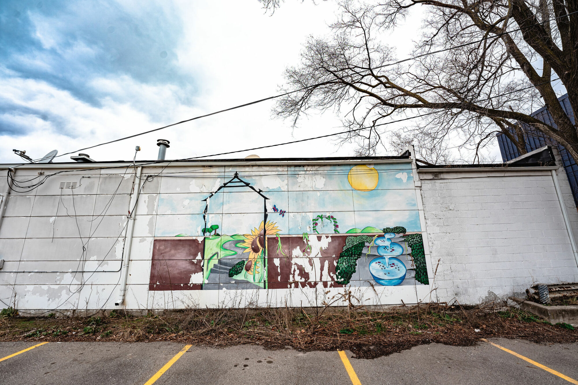 Colorful mural with sunflowers on concrete wall.