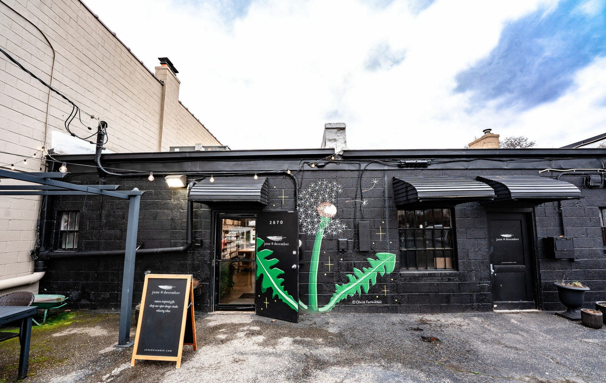 Black building with dandelion mural and entrance.