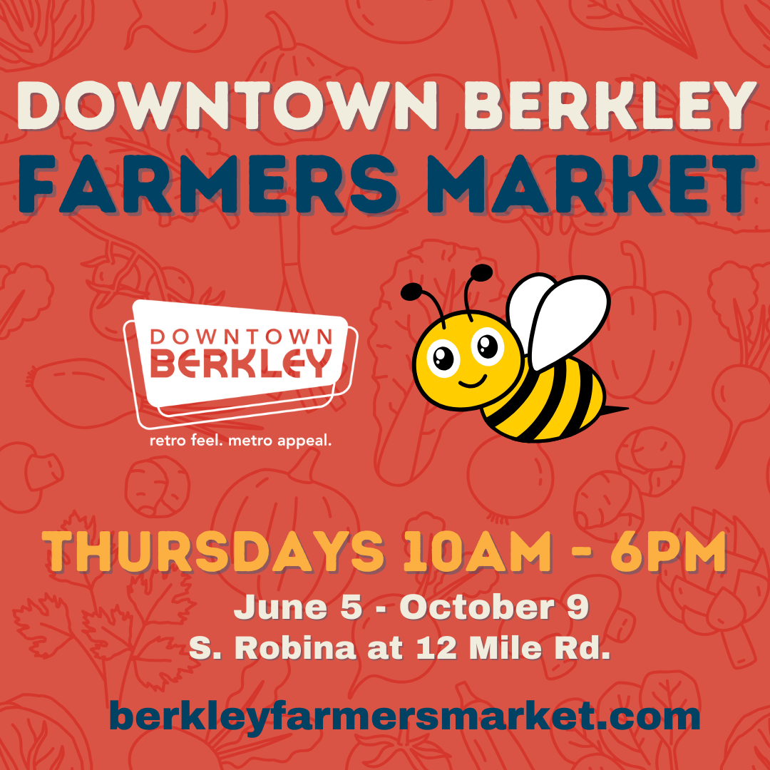 Downtown Berkley Farmers Market flyer with bee illustration.