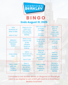 Downtown Berkley bingo card for August 2025.