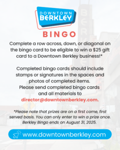 Downtown Berkley Bingo contest details and contact info.