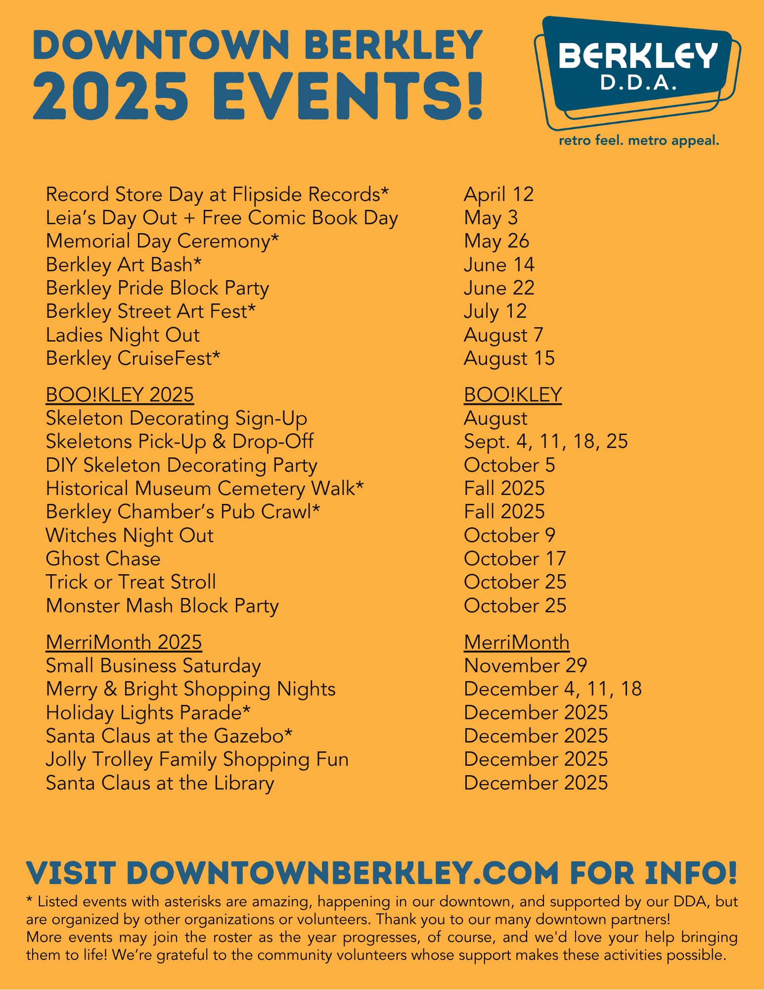 Downtown Berkley 2025 events schedule and dates.