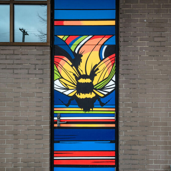 Colorful bee mural on building door.